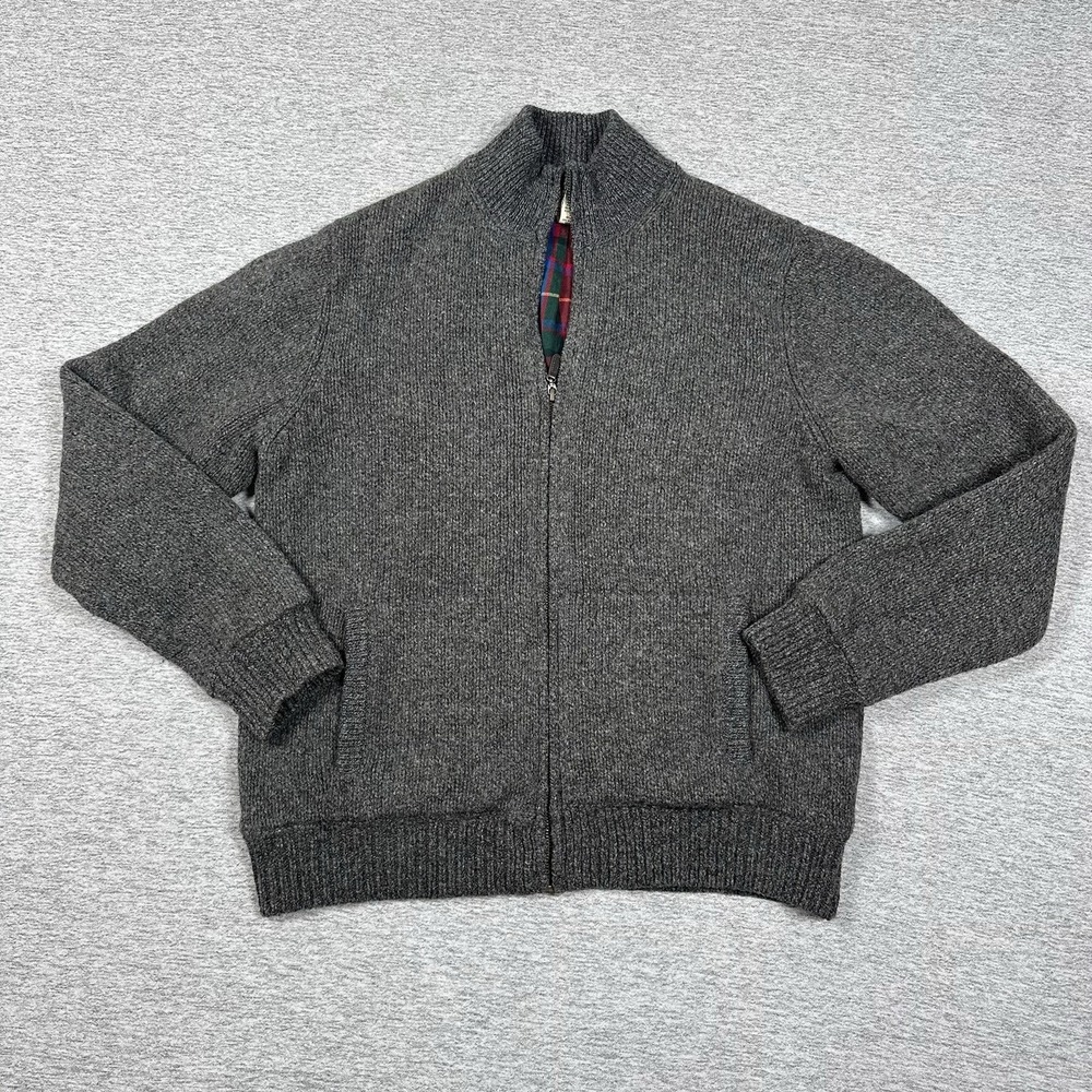 L.L. Bean Sweater Mens Medium Gray Lambs Wool Full Zip Flannel Lined Outdoor